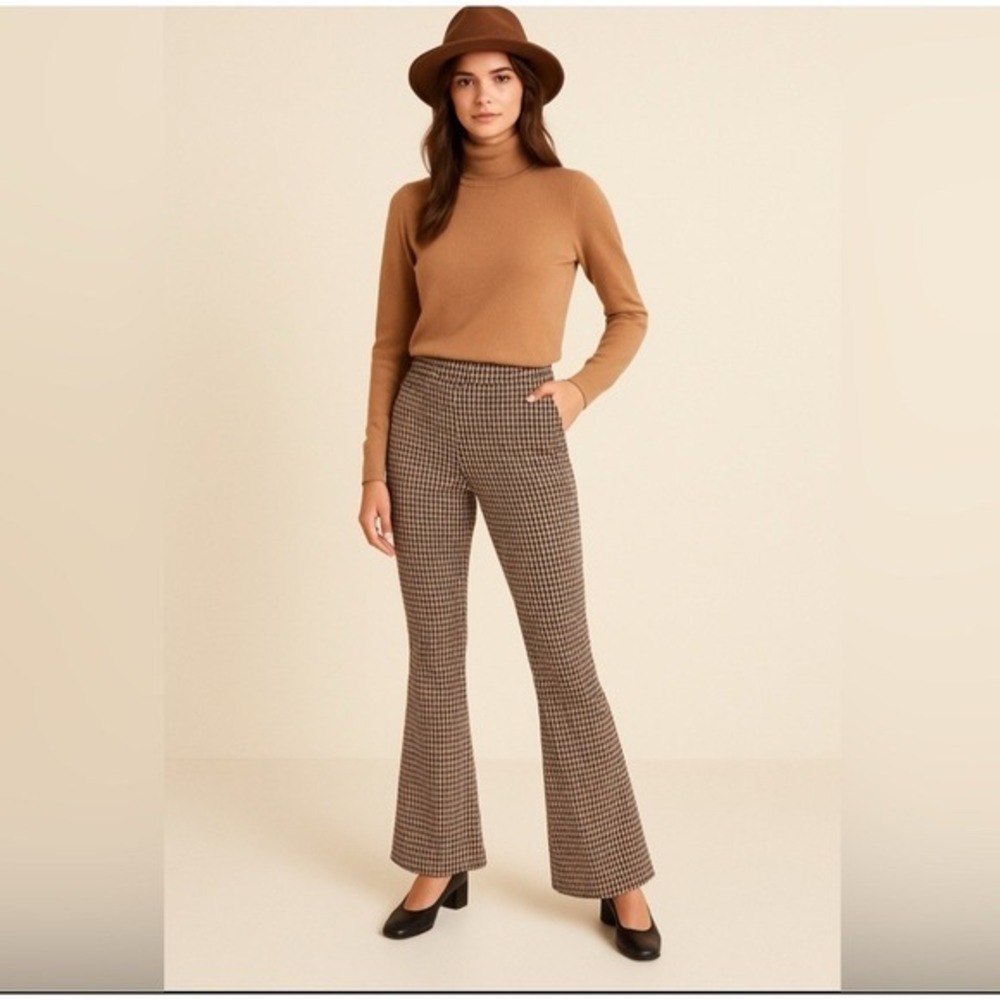 Miss Selfridge Womens Knit Flare Houndstooth Pants Size 12 Brown/Black Pull On